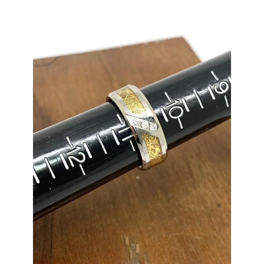 Men's Wedding Band Two Tone Steel 0.03ctw Diamond 8mm Wide Ring Size 10.75